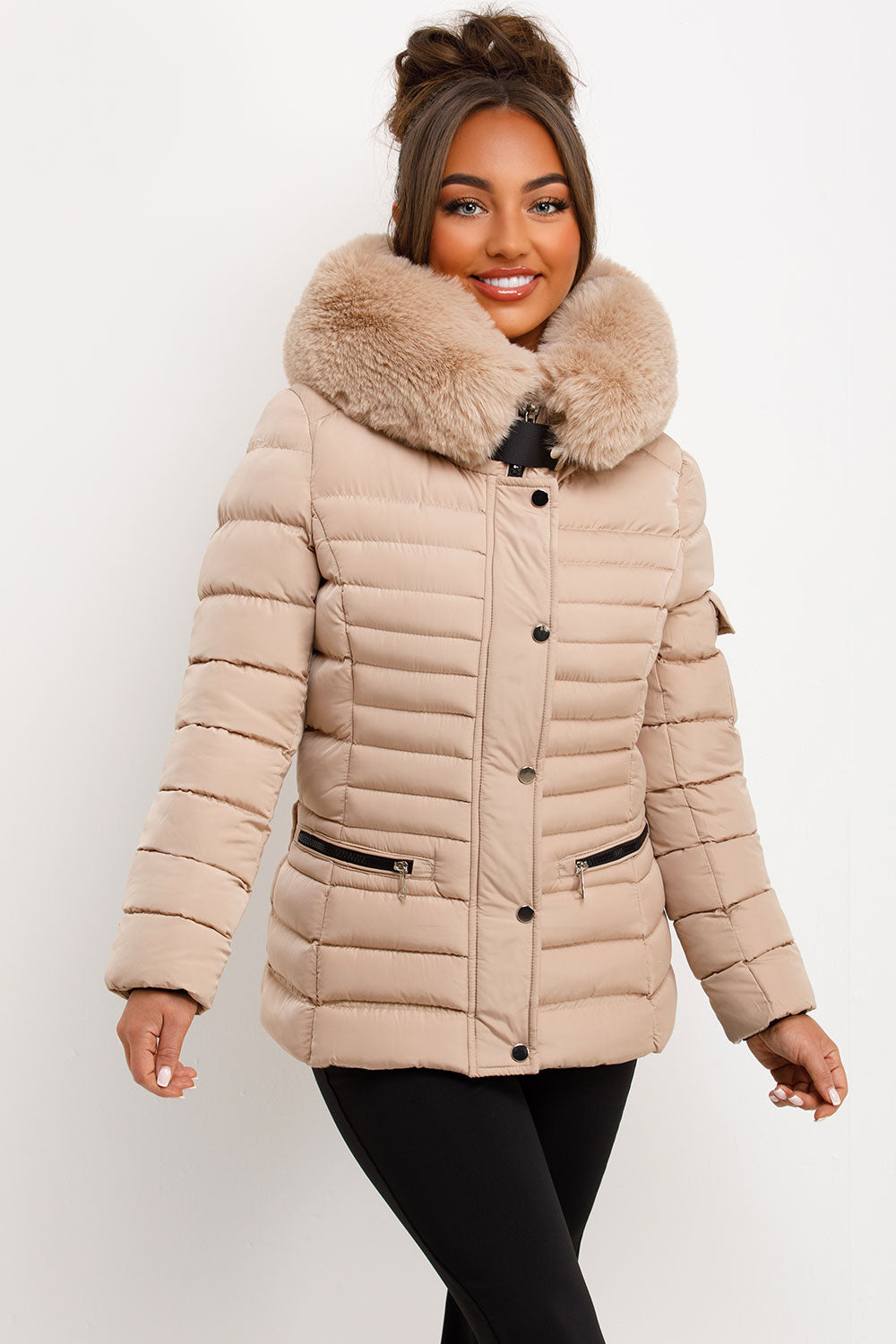 Puffer Jacket With Faux Fur Hood Side Buckle Detail Beige