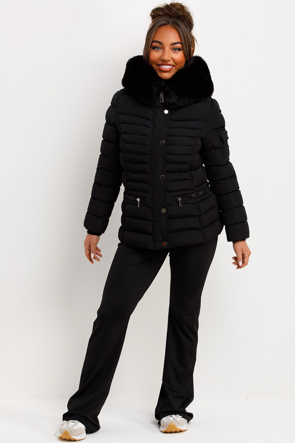 Puffer Jacket With Faux Fur Hood Side Buckle Detail Black