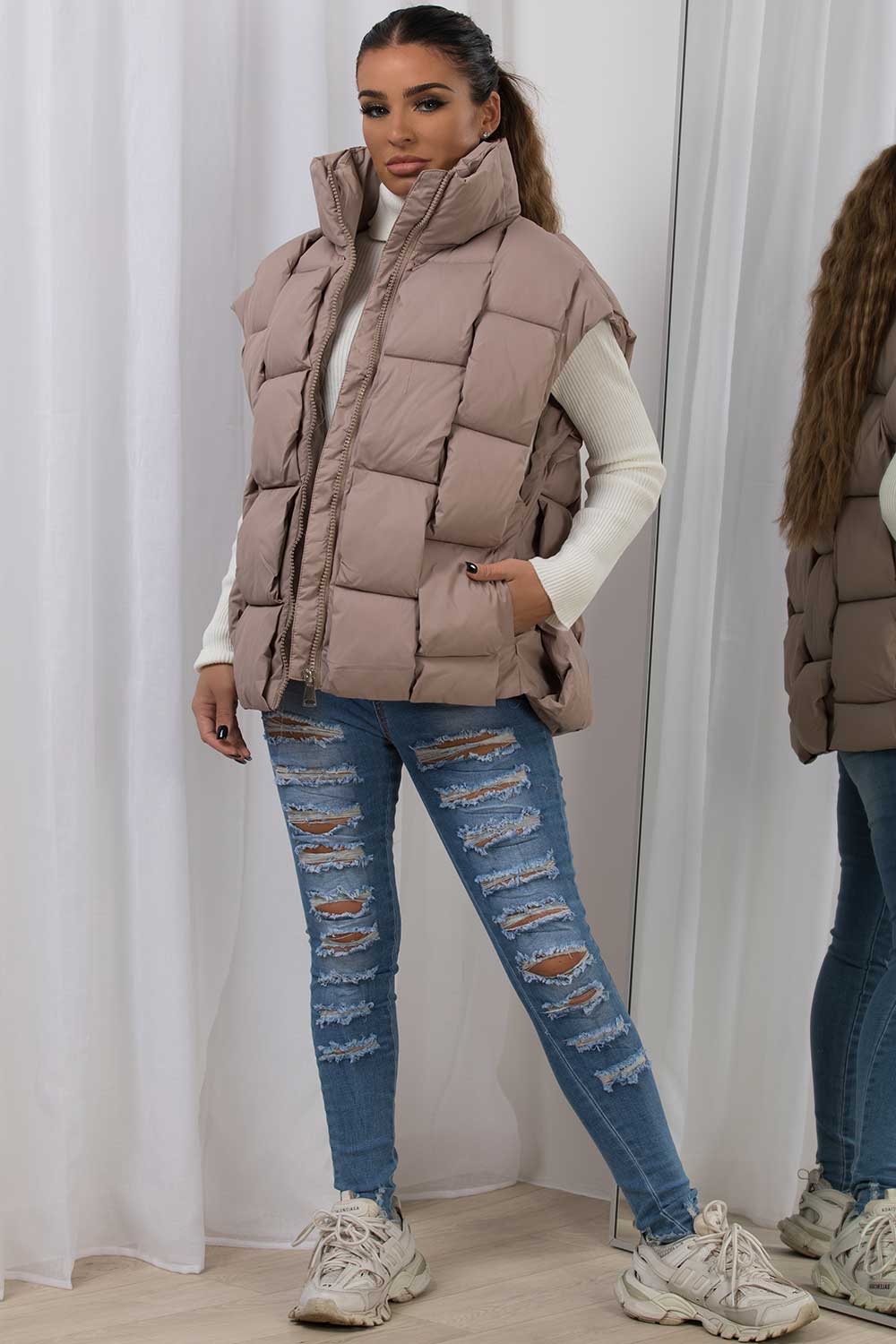 Quilted Padded Gilet With Woven Detail Beige