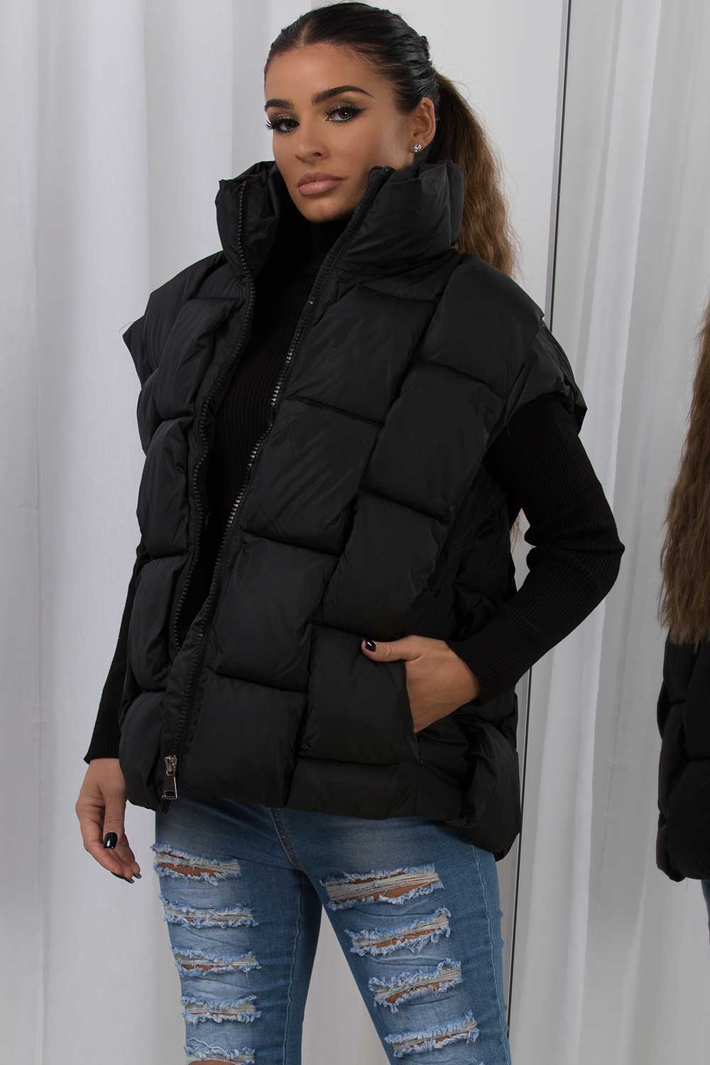 Quilted Padded Gilet With Woven Detail Black