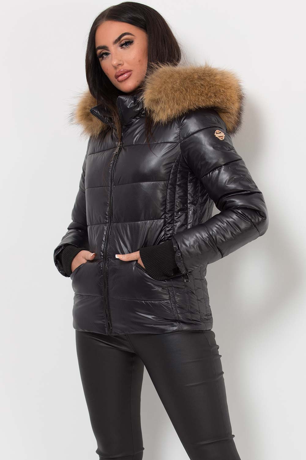 Black Puffer Jacket With Real Fur Hood