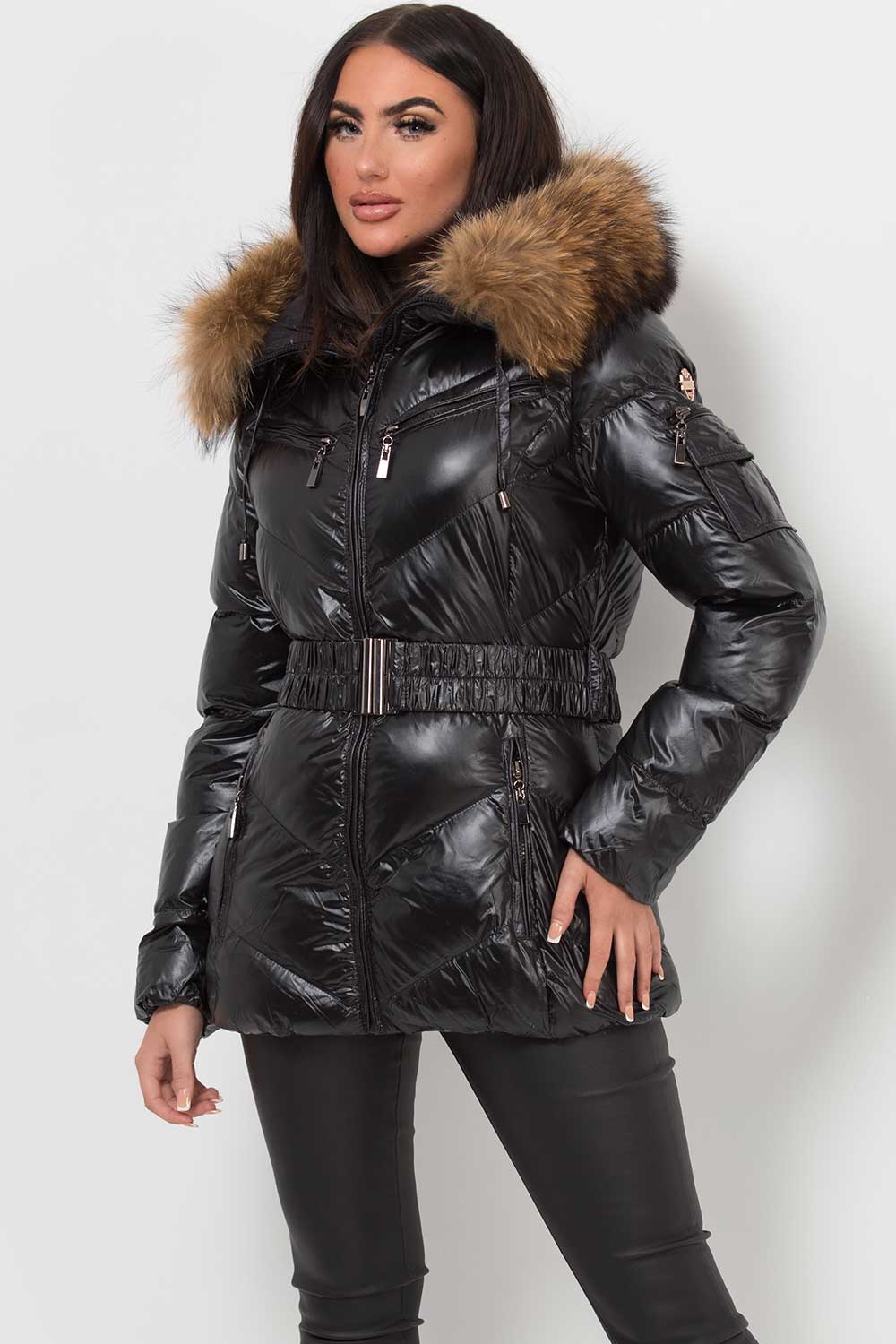 Real Fur Hood Puffer Jacket With Belt Black