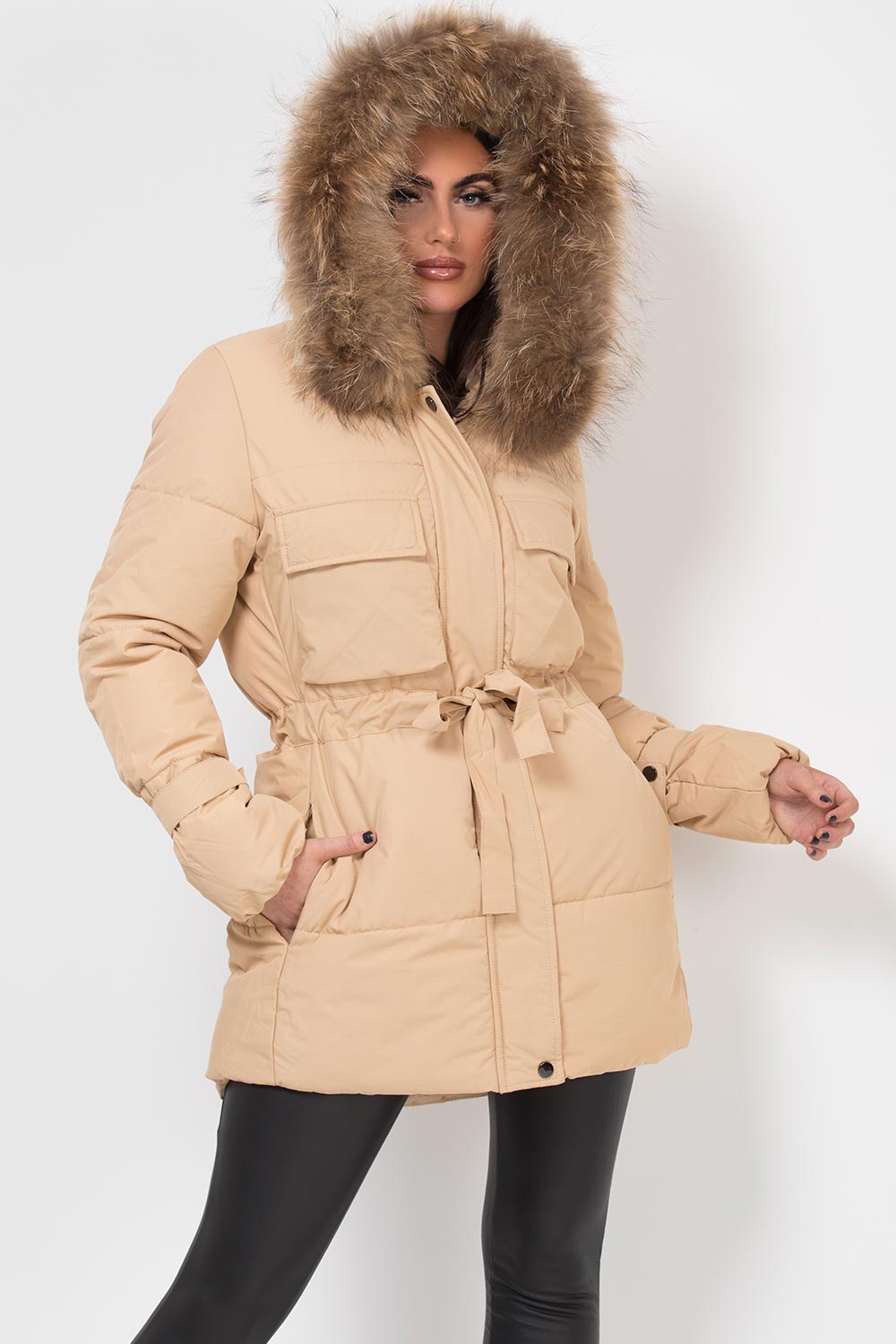 Real Fur Hood Coat With Drawstring Waist Beige