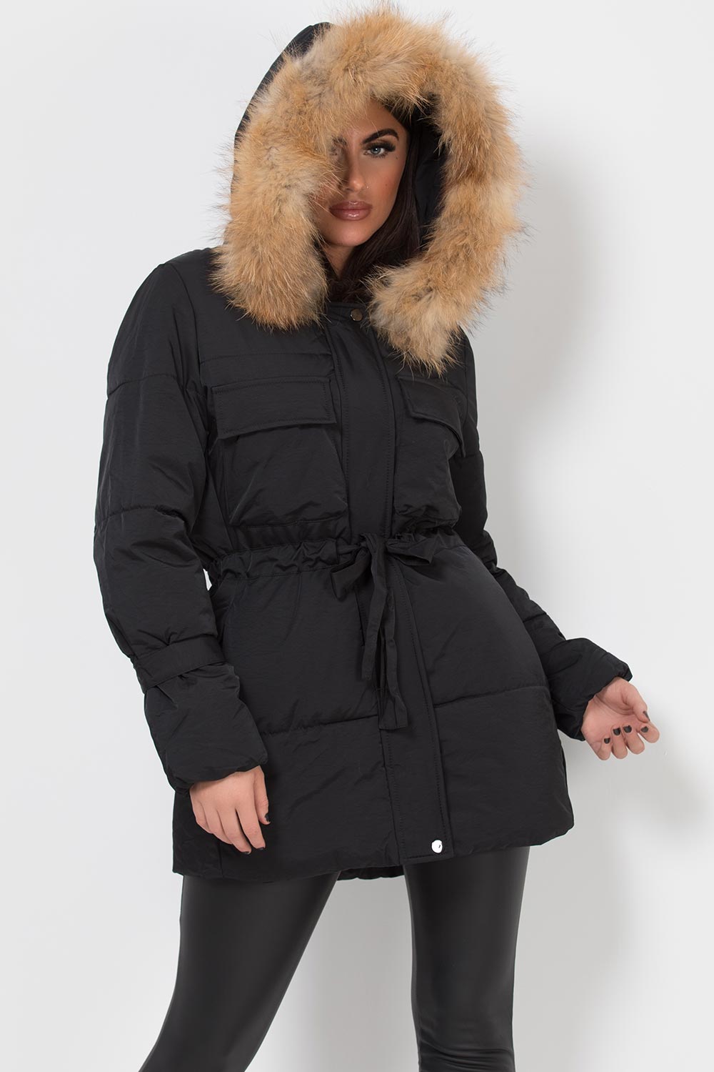 Real Fur Hood Coat With Drawstring Waist Black