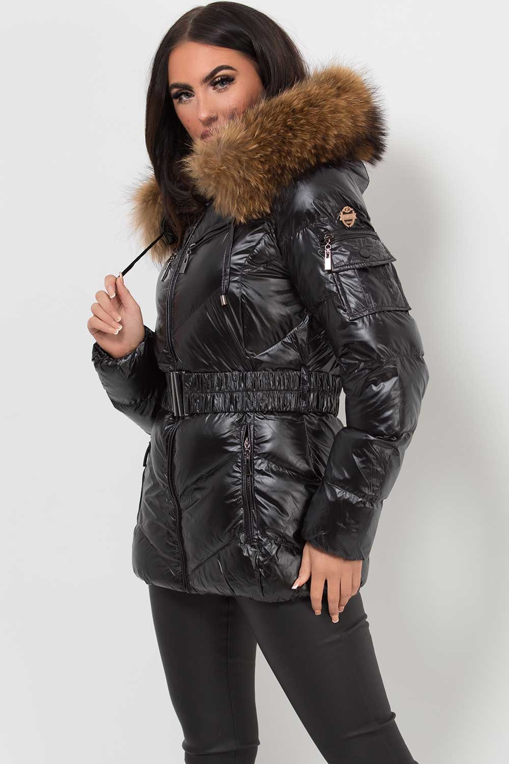 Real Fur Hood Puffer Jacket With Belt Black