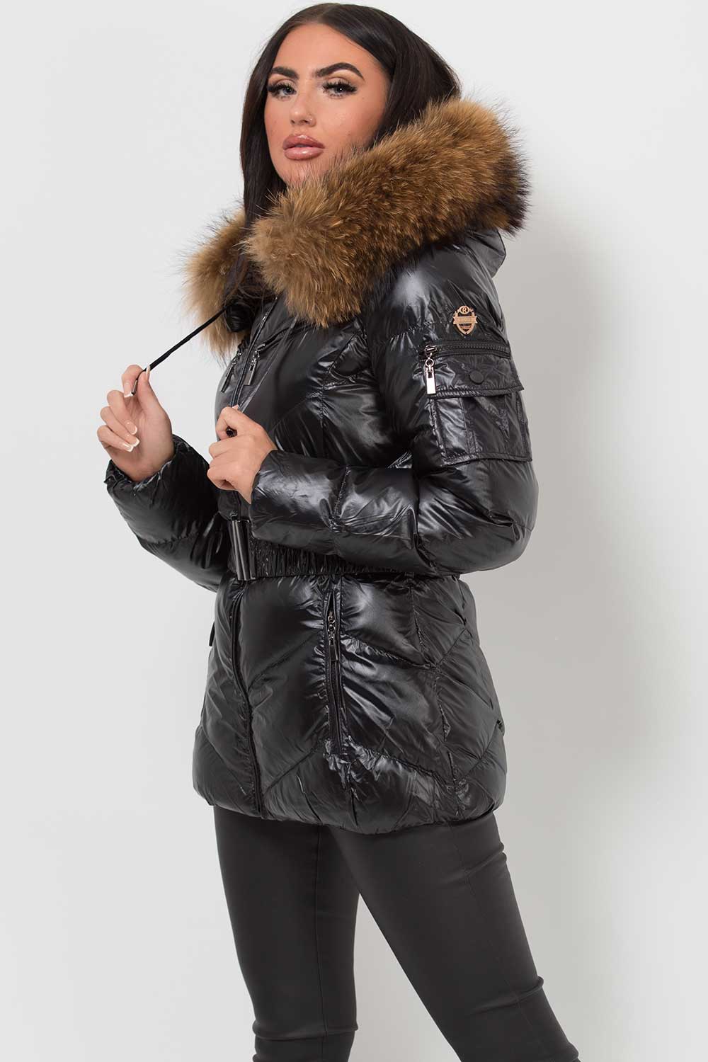 Real Fur Hood Puffer Jacket With Belt Black