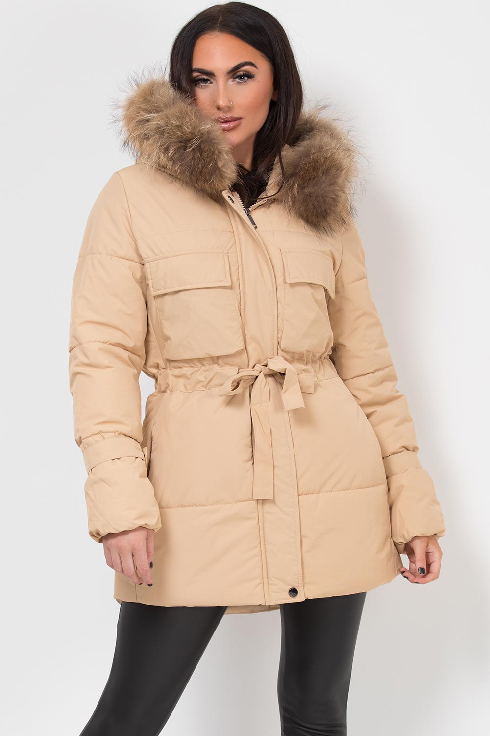 Real Fur Hood Coat With Drawstring Waist Beige