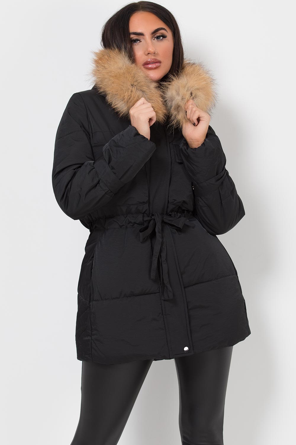 Real Fur Hood Coat With Drawstring Waist Black