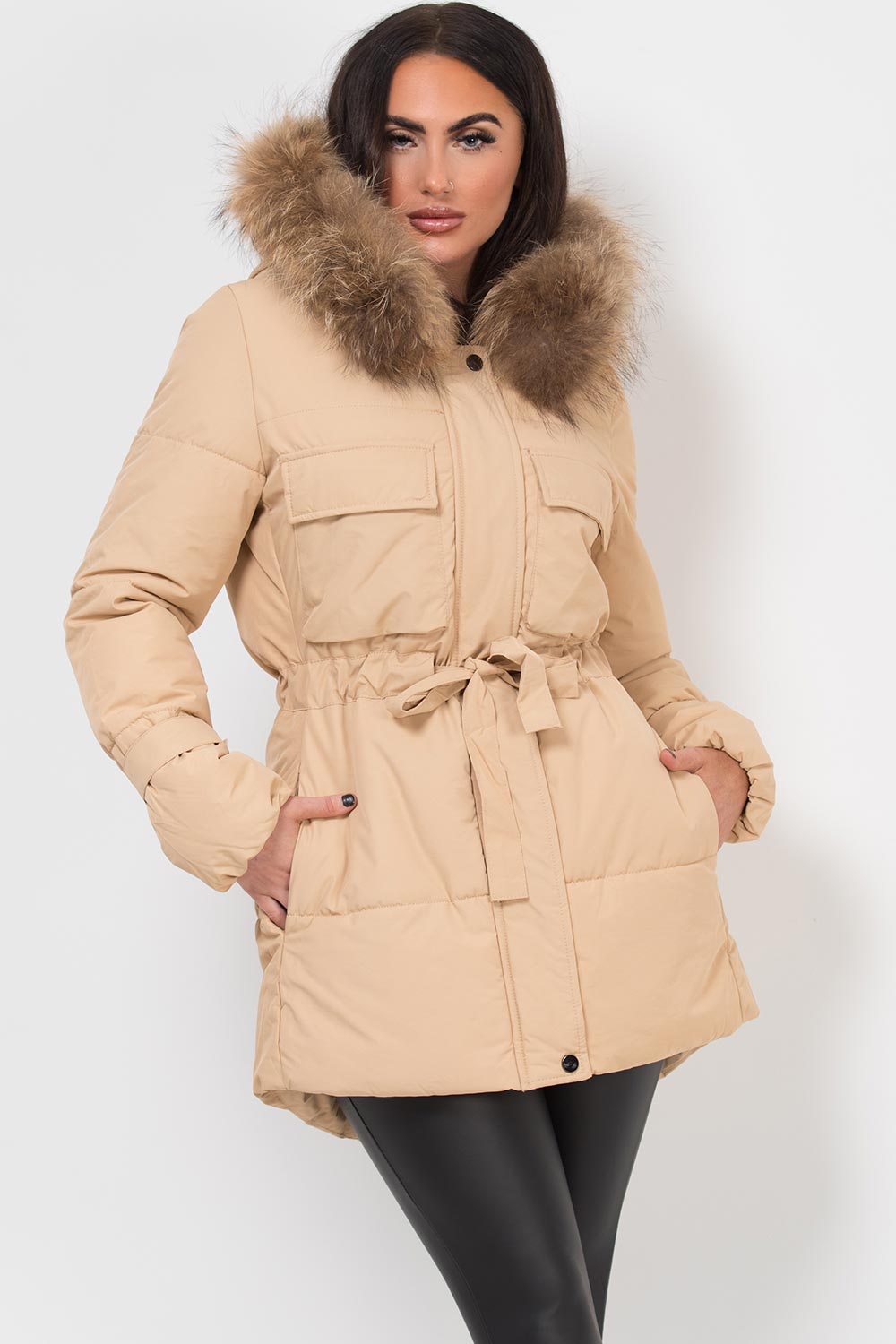 Real Fur Hood Coat With Drawstring Waist Beige