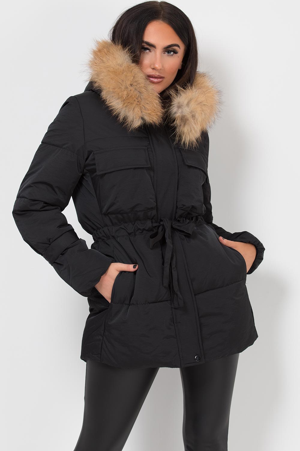 Real Fur Hood Coat With Drawstring Waist Black