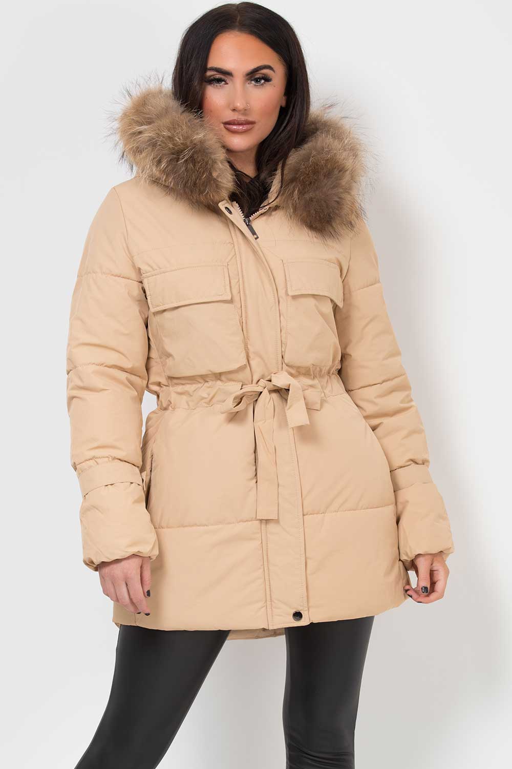 Real Fur Hood Coat With Drawstring Waist Beige