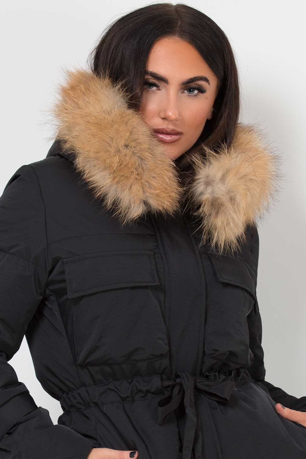 Real Fur Hood Coat With Drawstring Waist Black