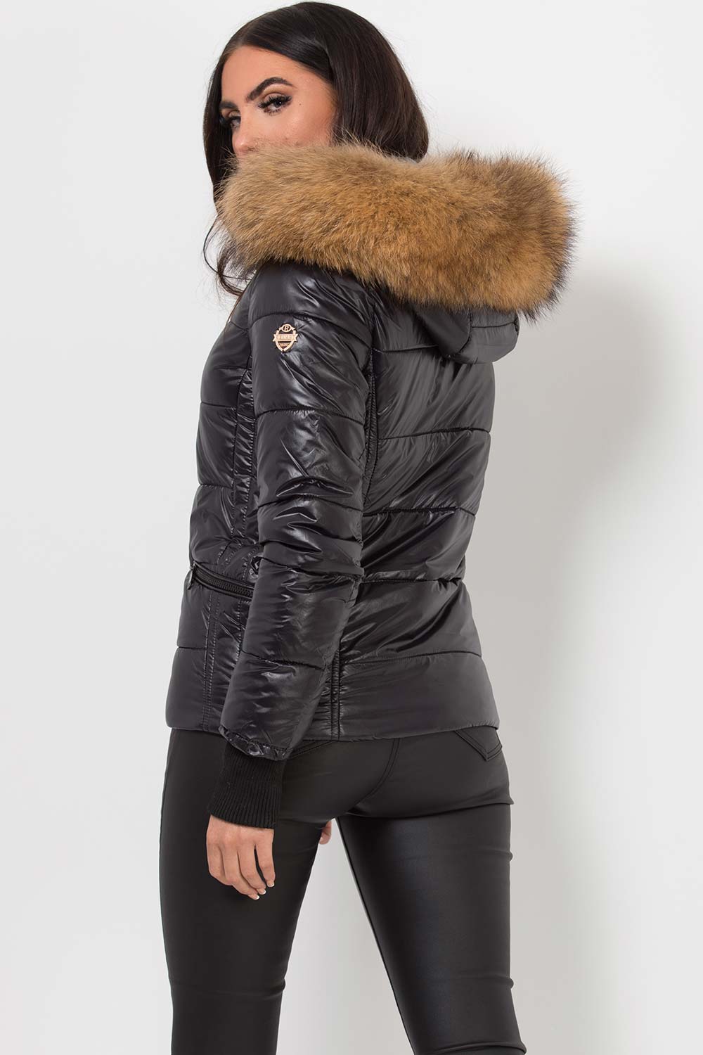 Black Puffer Jacket With Real Fur Hood