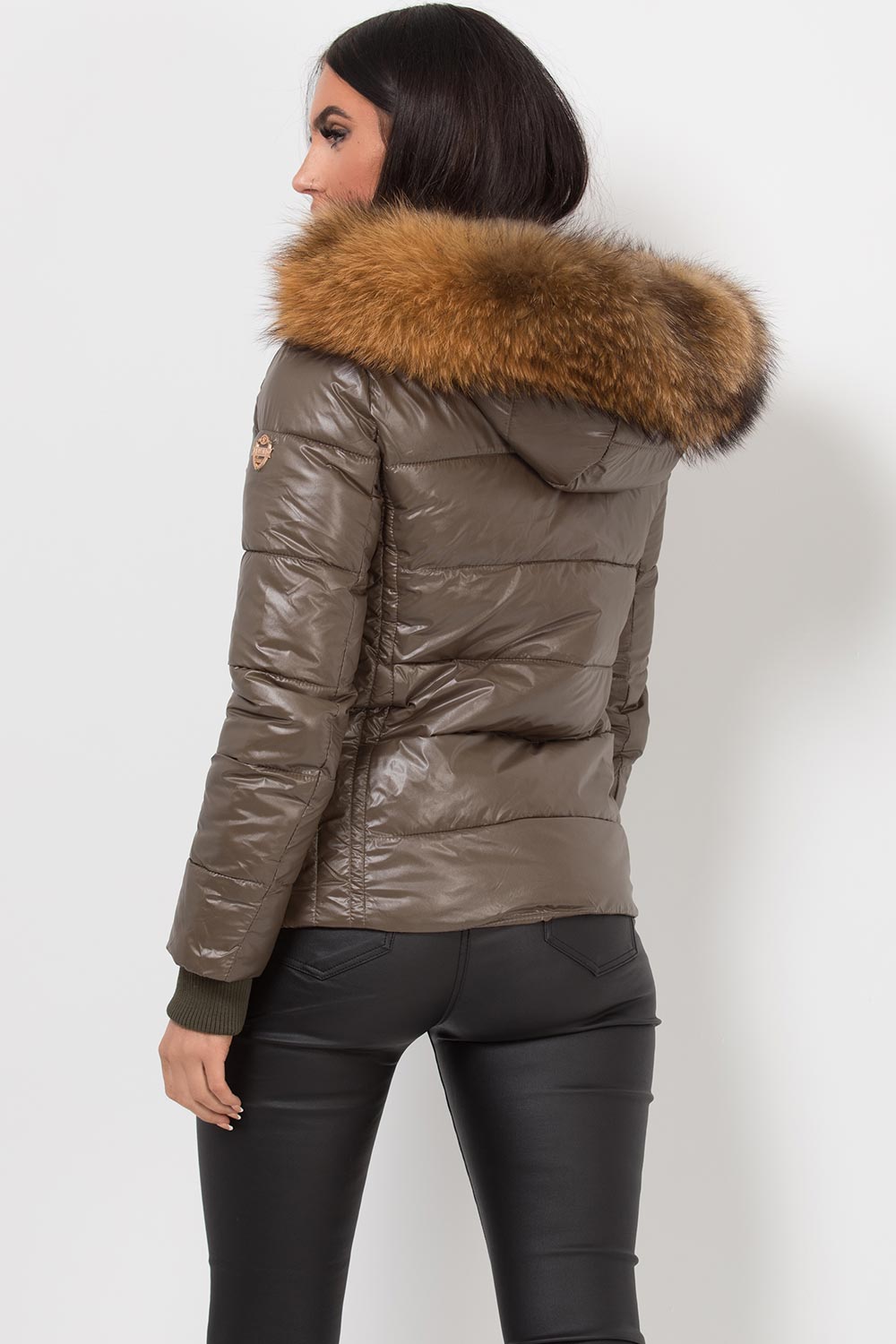 Puffer Jacket With Real Fur Hood Khaki