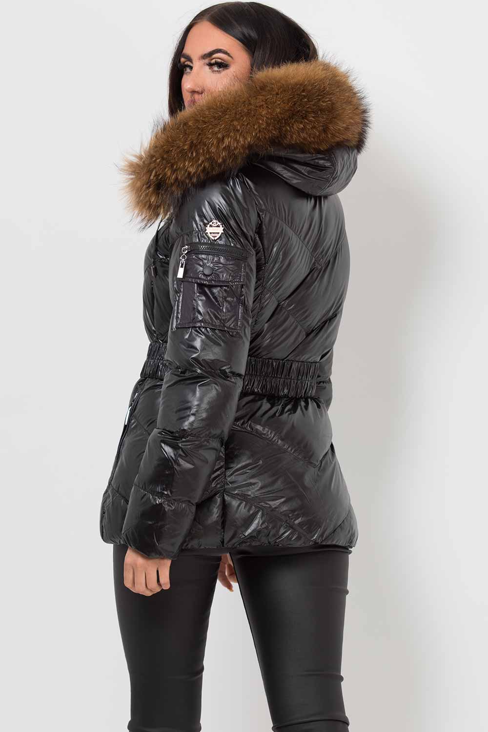 Real Fur Hood Puffer Jacket With Belt Black