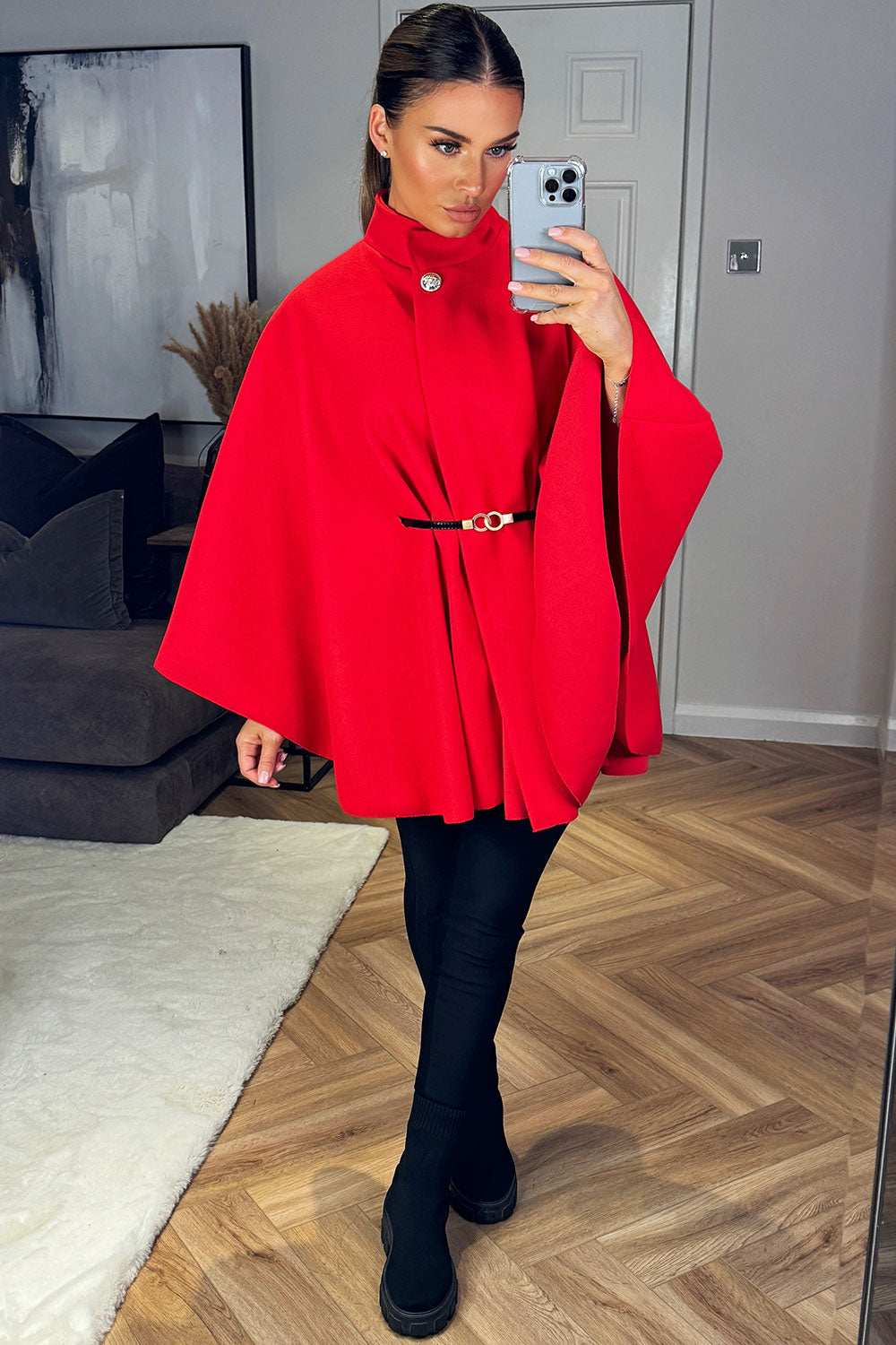 Cape With Belt And Button Red Poncho