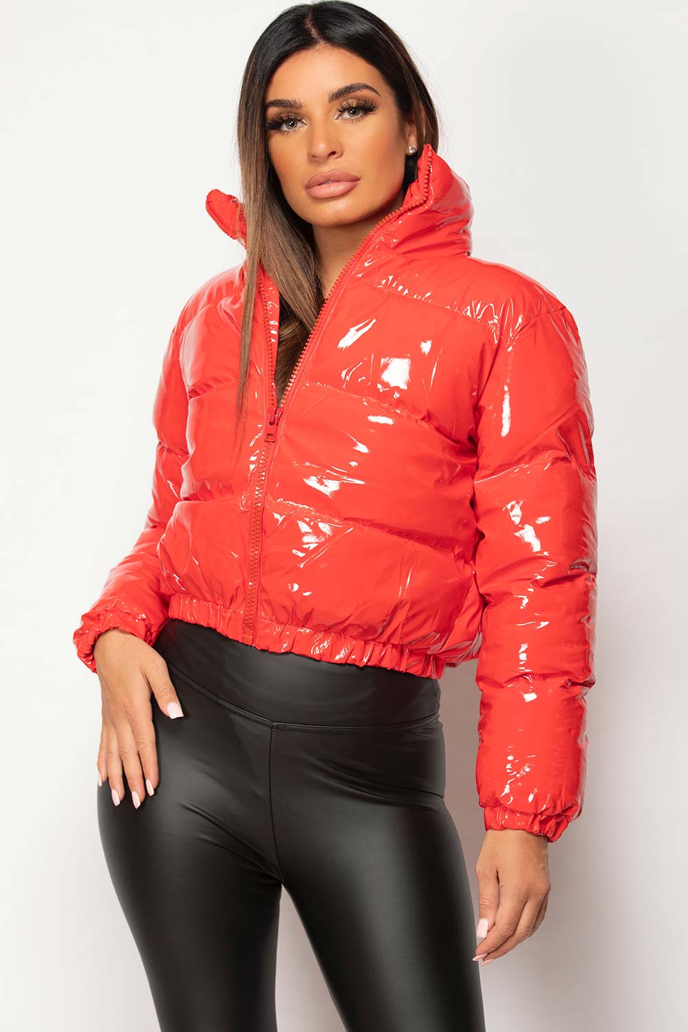 Red Shiny Vinyl Puffer Jacket Cropped