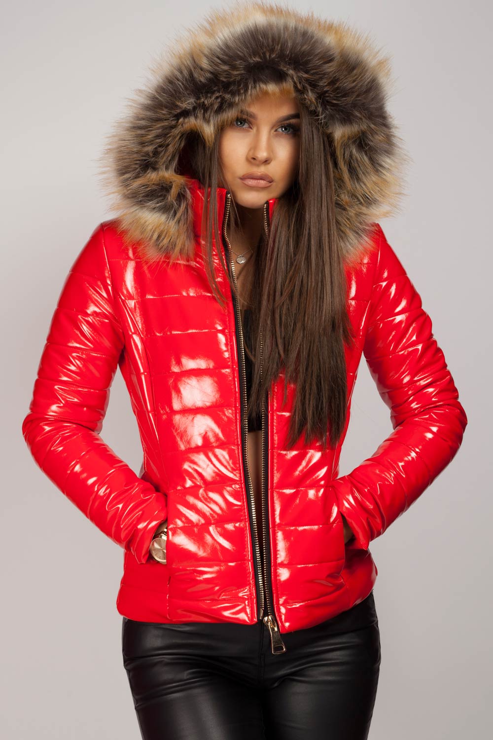 Wet Look Puffer Coat With Faux Fur Hood