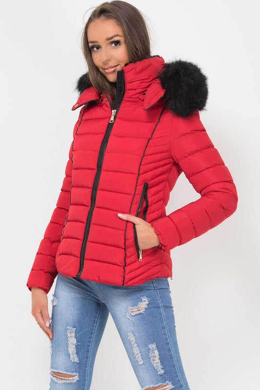 Puffer Jacket With Faux fur Hood And Quilted Detail Red