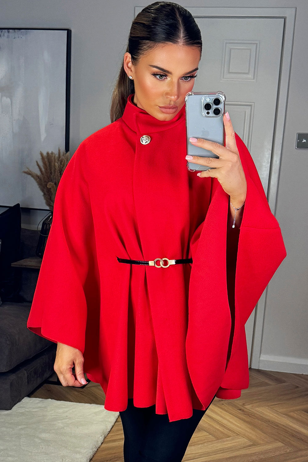 Cape With Belt And Button Red Poncho