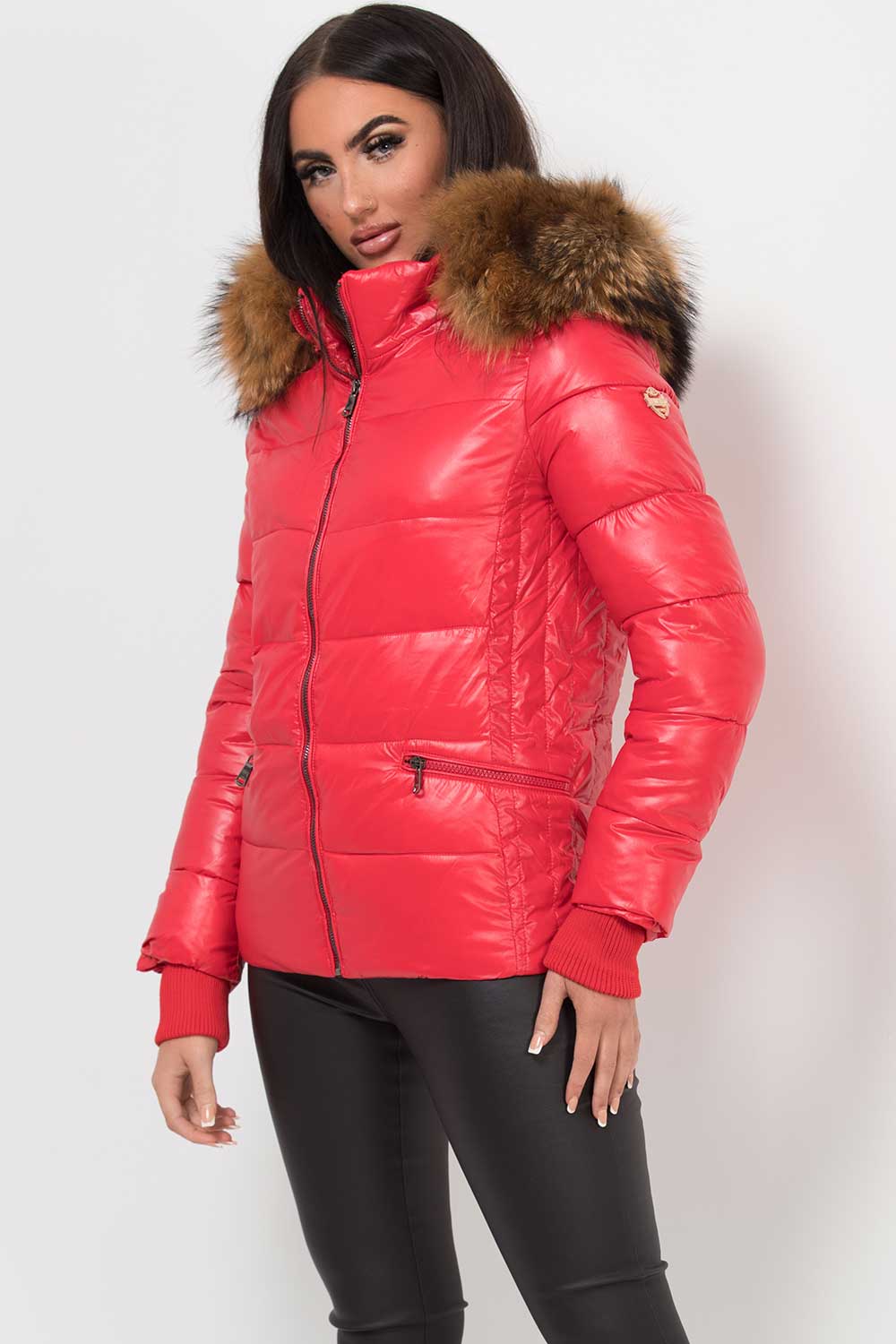 Puffer Jacket With Real Fur Hood Red