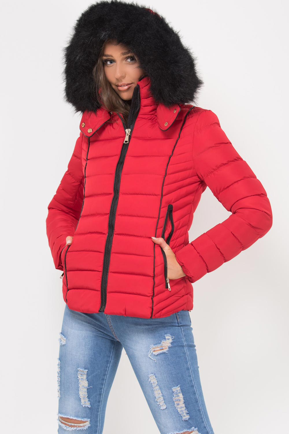 Puffer Jacket With Faux fur Hood And Quilted Detail Red