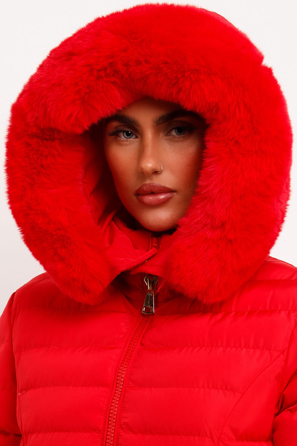 Red Puffer Jacket With Faux Fur Hood And Gold Belt