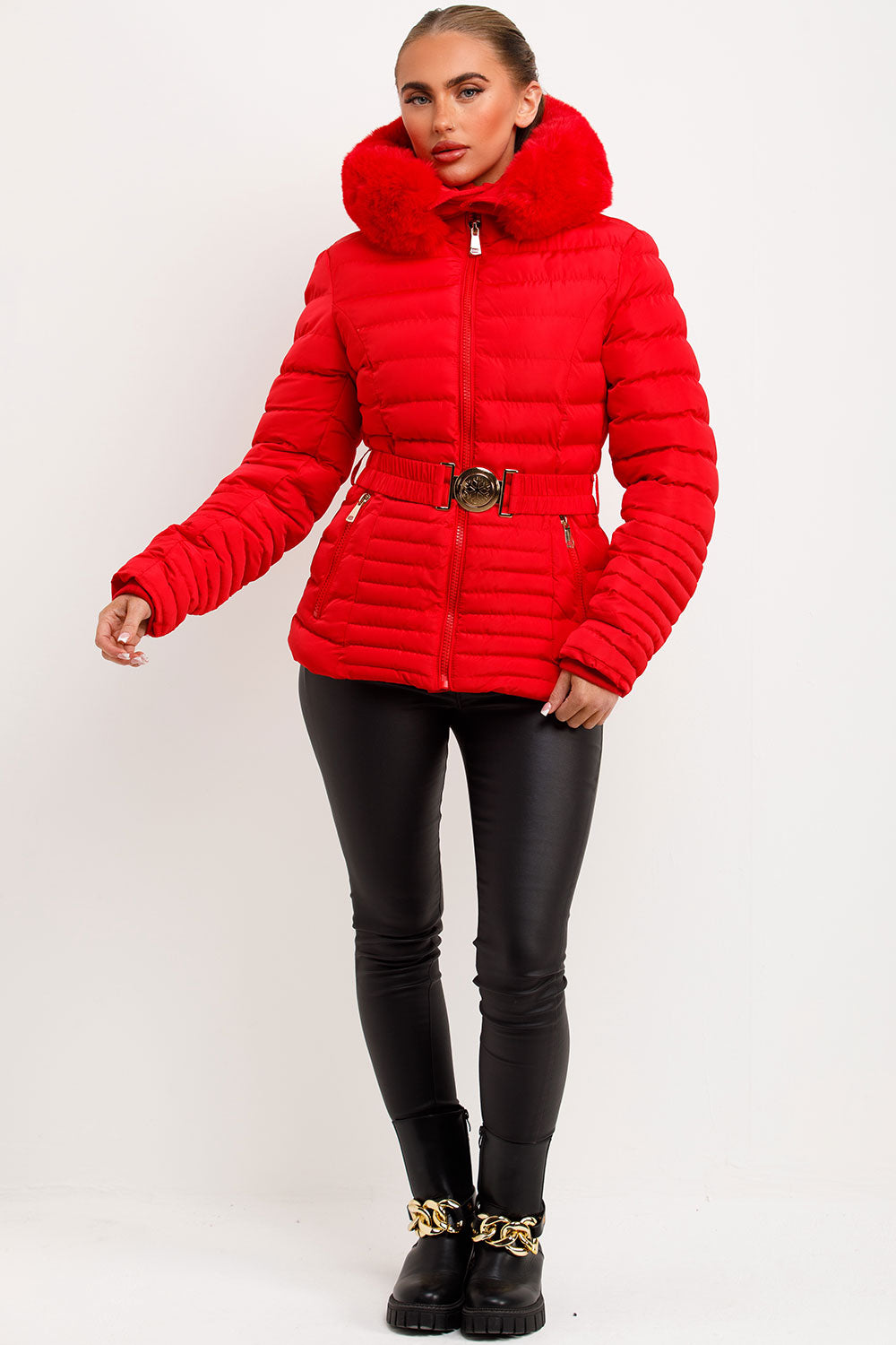 Red Puffer Jacket With Faux Fur Hood And Gold Belt