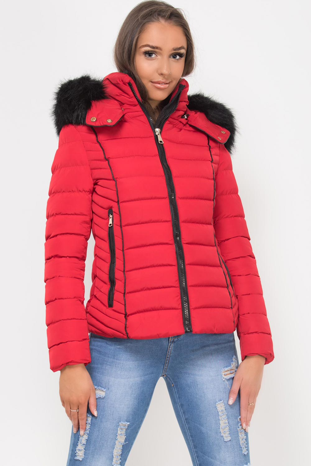 Puffer Jacket With Faux fur Hood And Quilted Detail Red