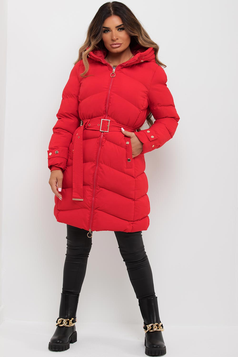 Red Long Puffer Coat With Belt And Gold Button Detail