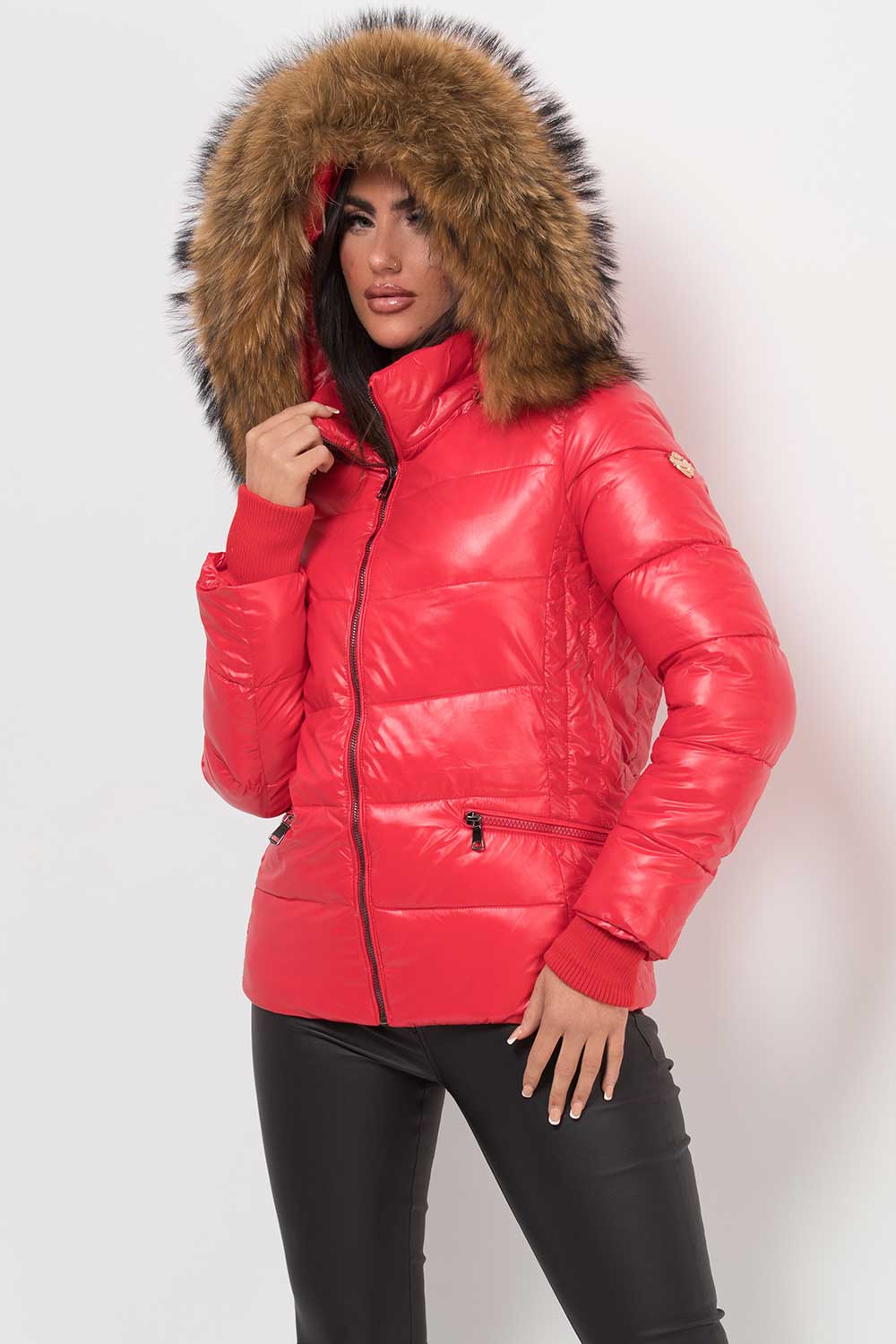 Puffer Jacket With Real Fur Hood Red