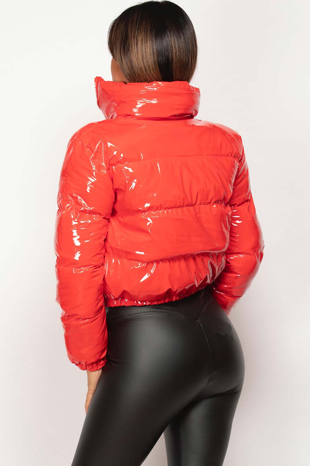 Red Shiny Vinyl Puffer Jacket Cropped