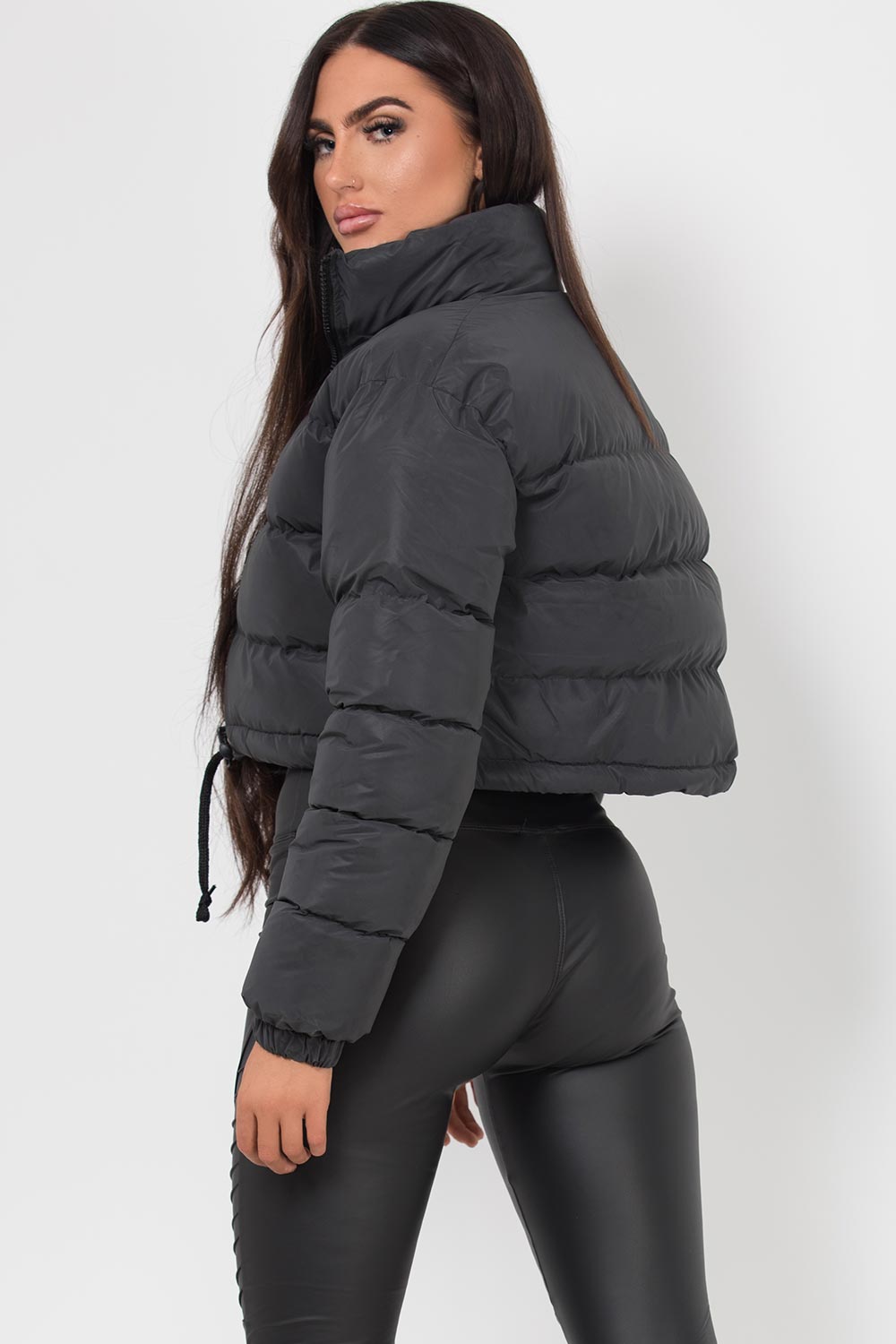 Crop Puffer Jacket Black Reflective