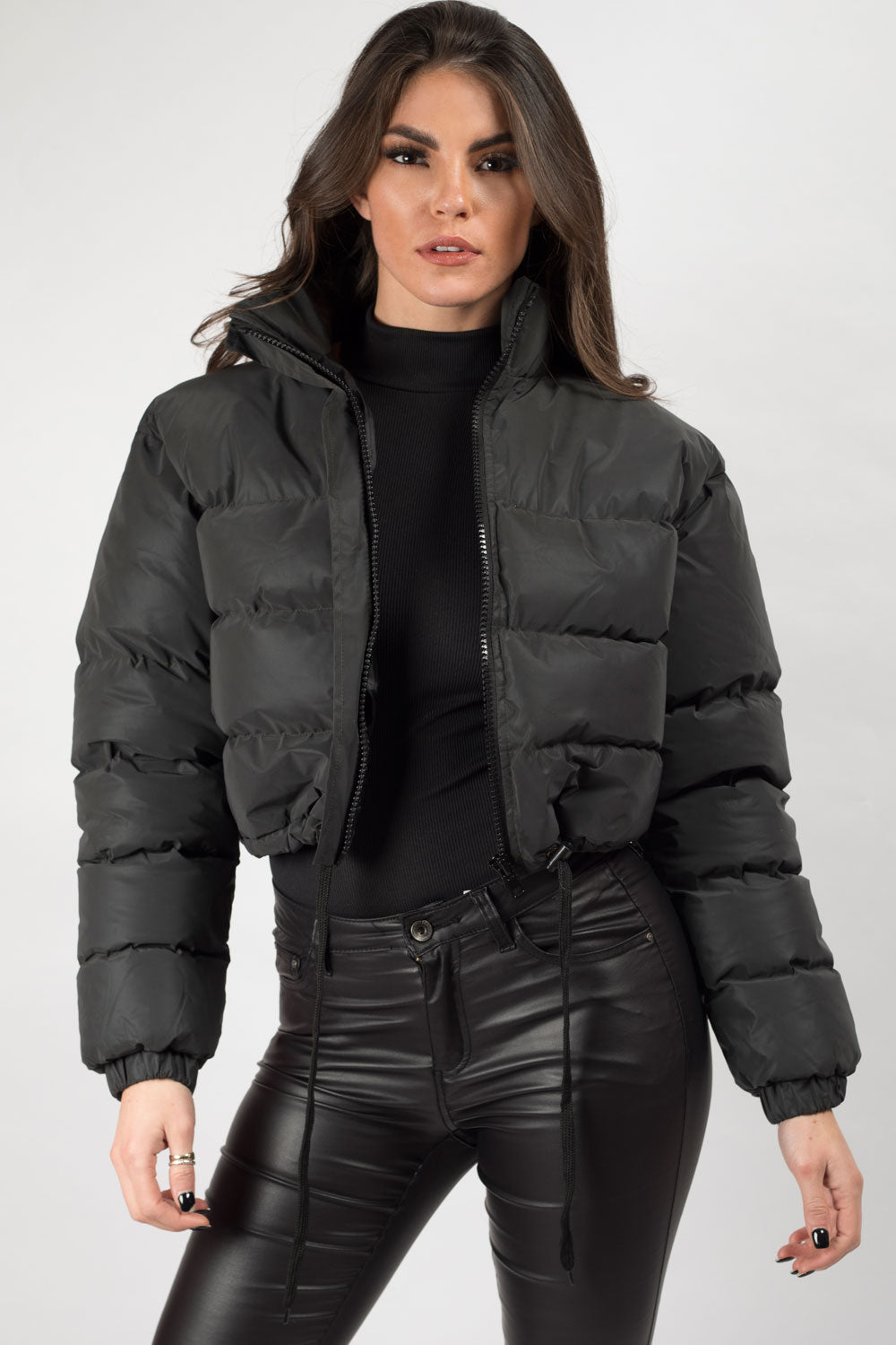 Black Padded Puffer Cropped Jacket Reflective