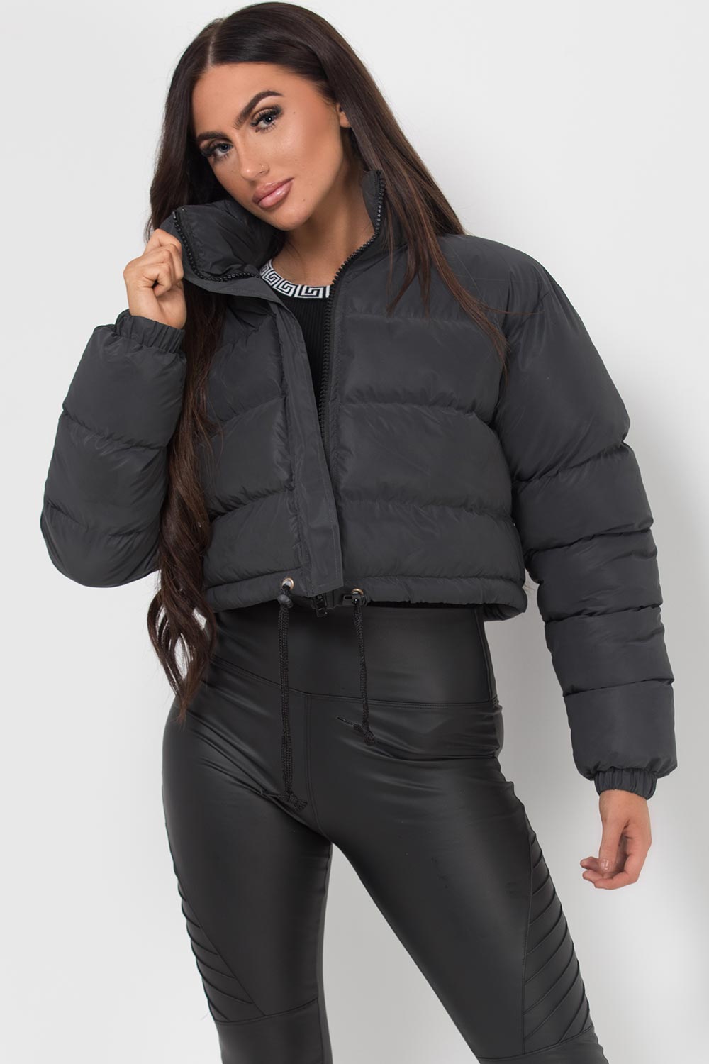 Crop Puffer Jacket Black Reflective