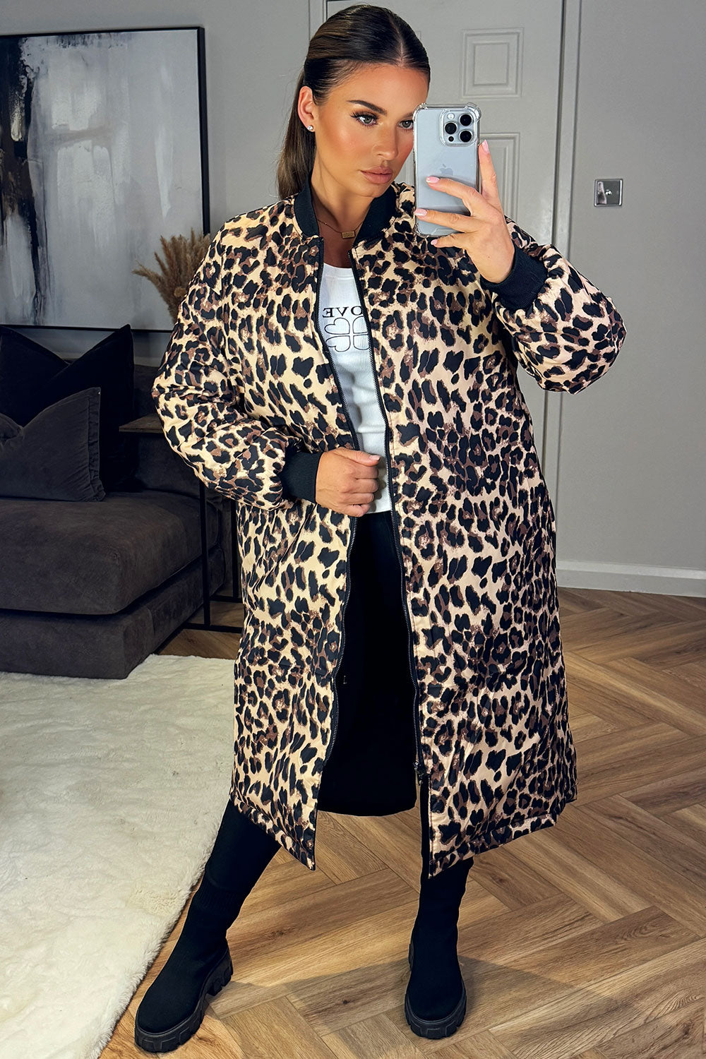 Leopard Print Parka Coat Reversible Black