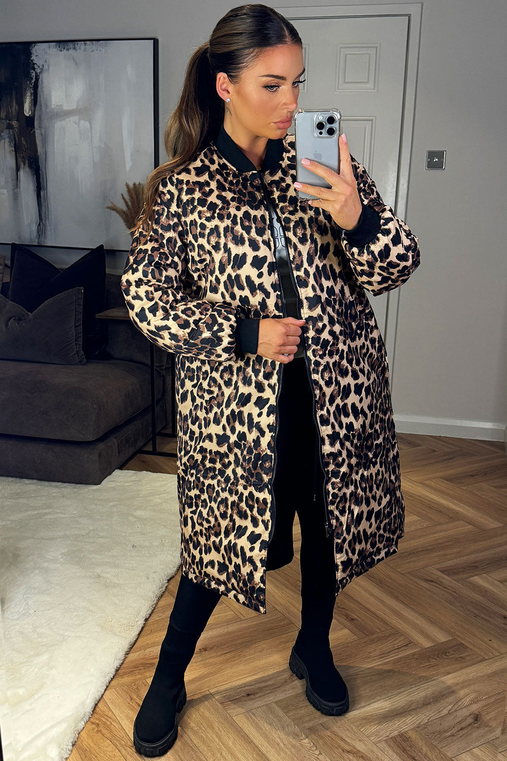 Leopard Print Parka Coat Reversible Black