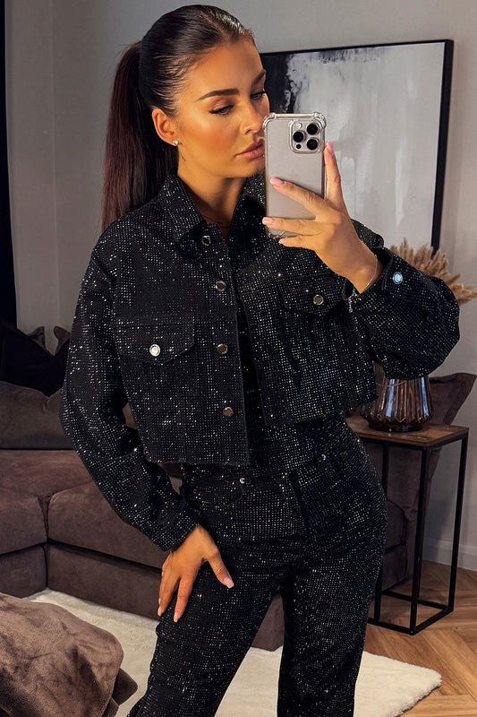 Diamante Rhinestone Denim Jacket Black