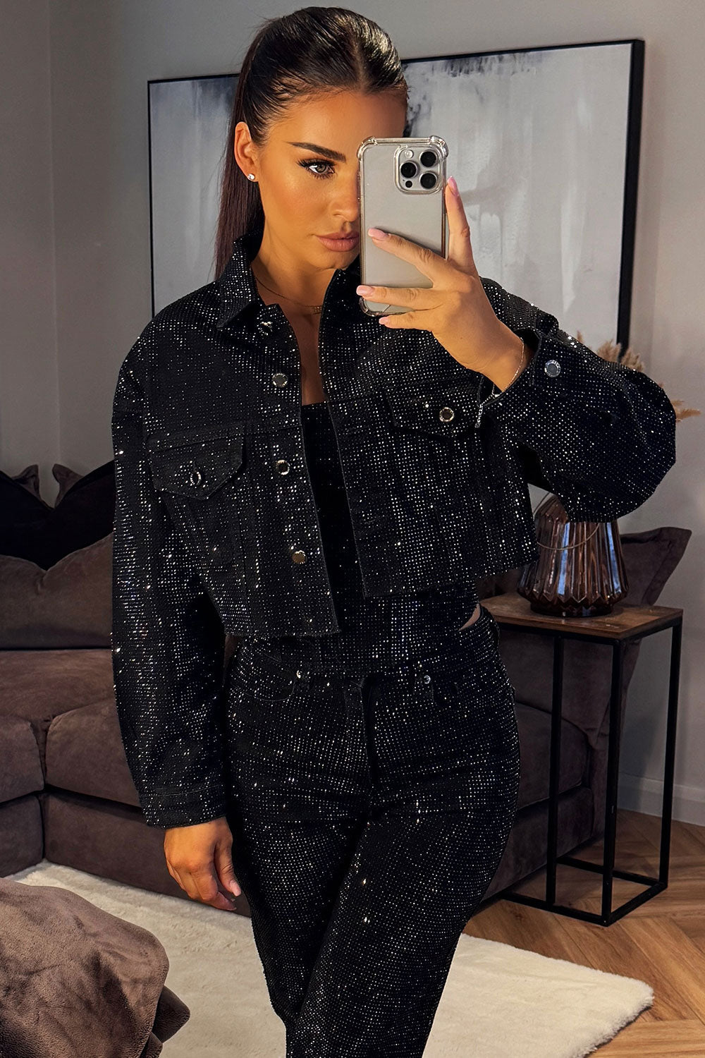 Diamante Rhinestone Denim Jacket Black