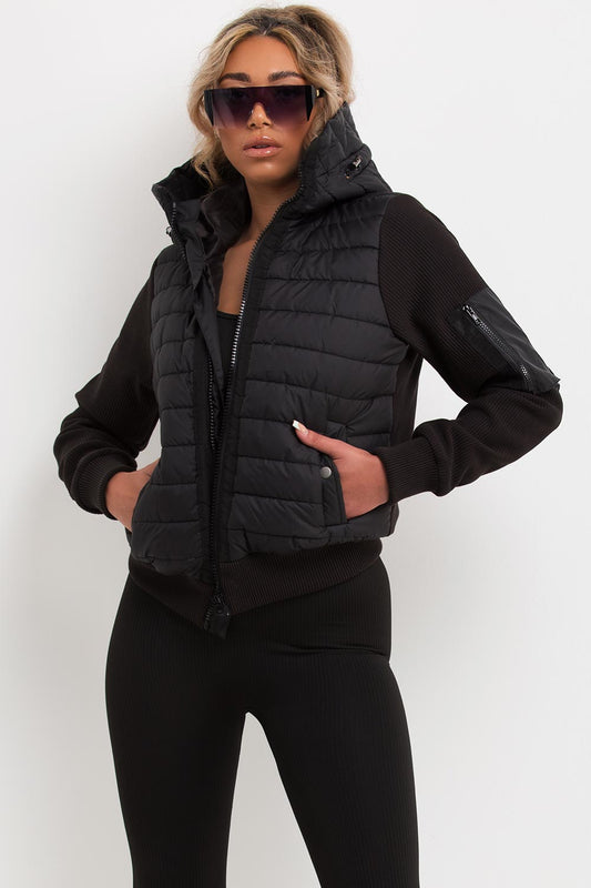 Puffer Jacket With Ribbed Sleeves Black