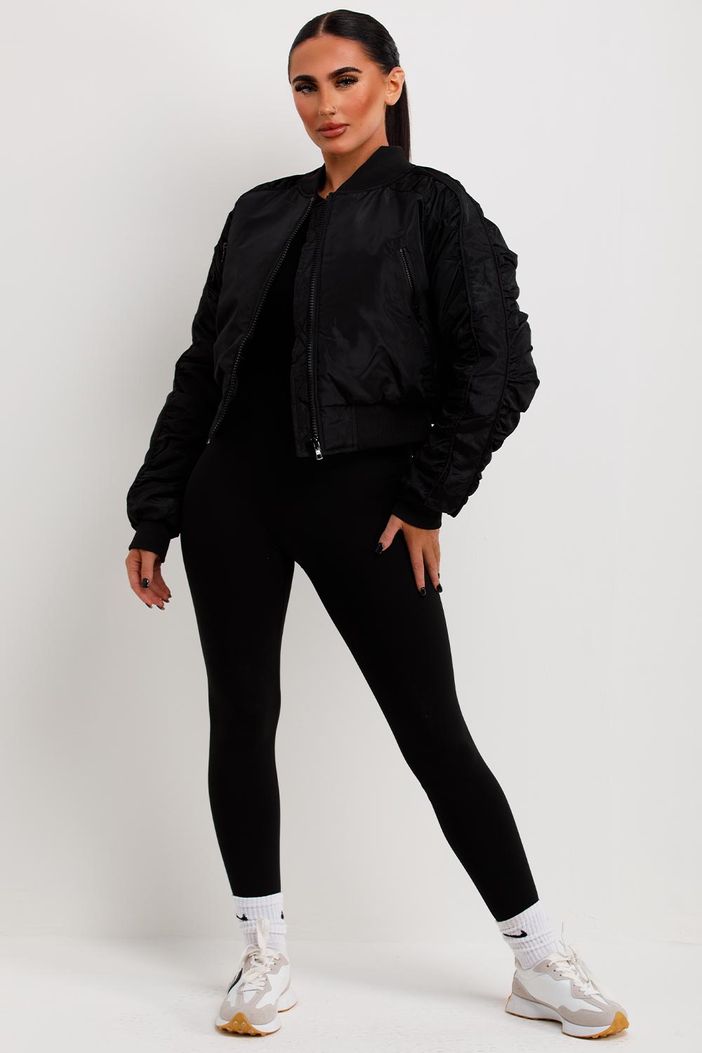 Bomber Jacket With Ruched Sleeves Black