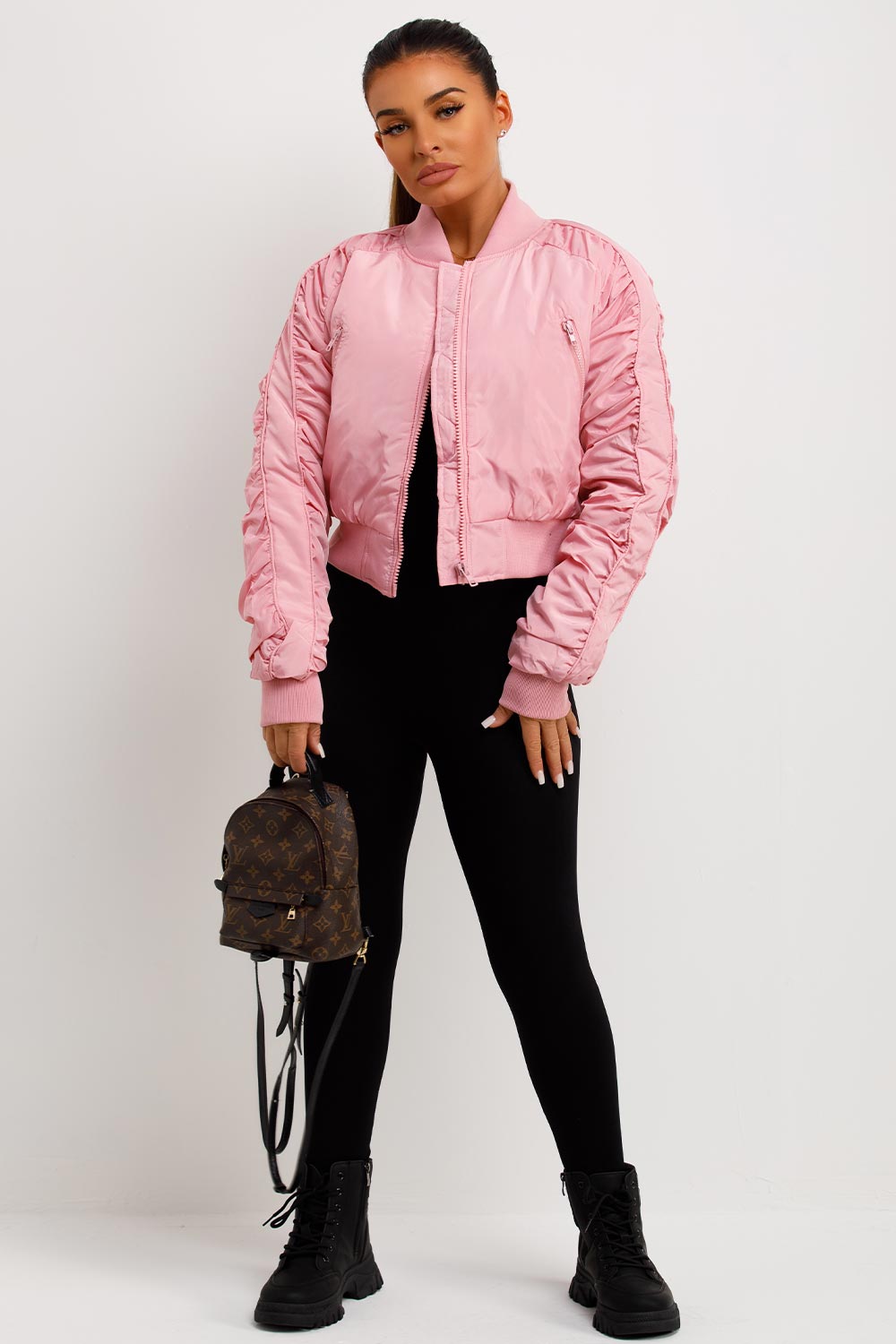 Bomber Jacket With Ruched Sleeves Pink