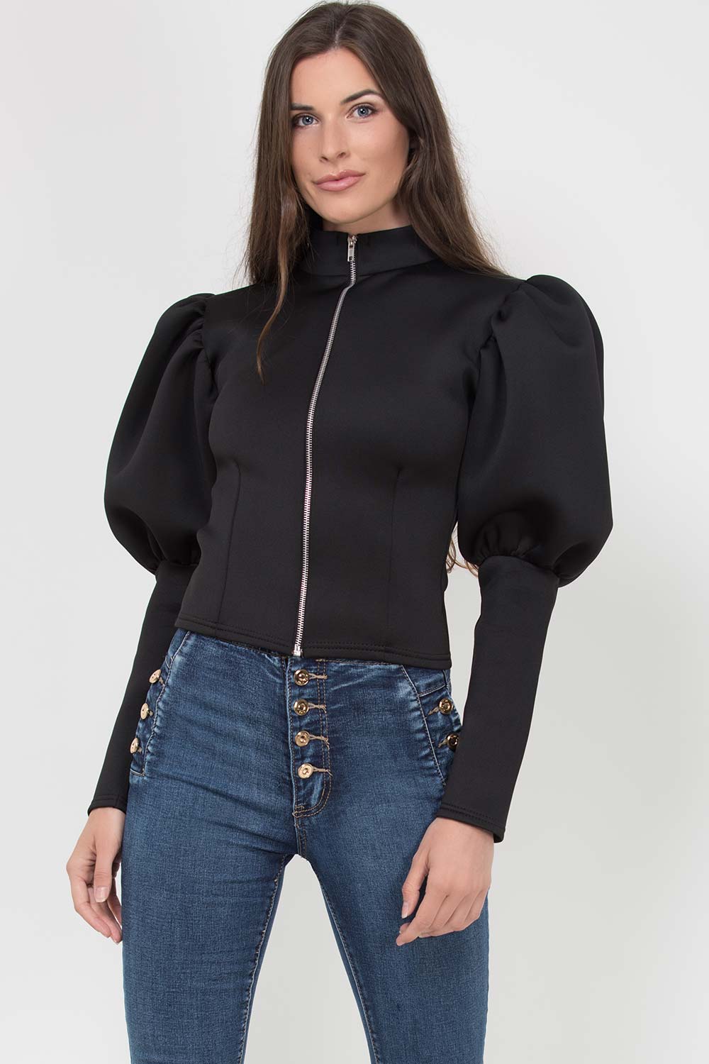 Puff Sleeve Zip Up Jacket Black