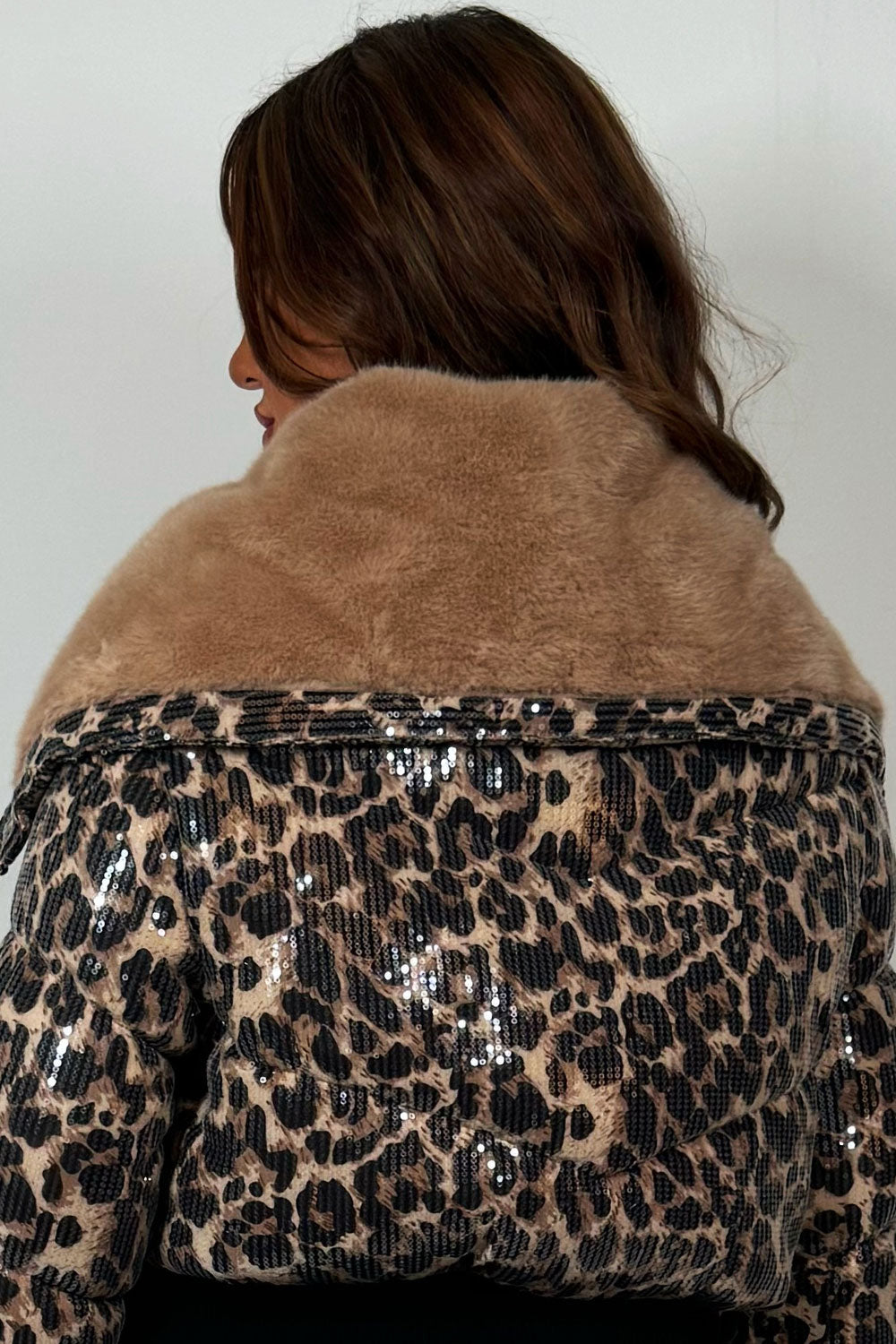 Faux Fur Collar Leopard Print Puffer Jacket With Sequin Detail