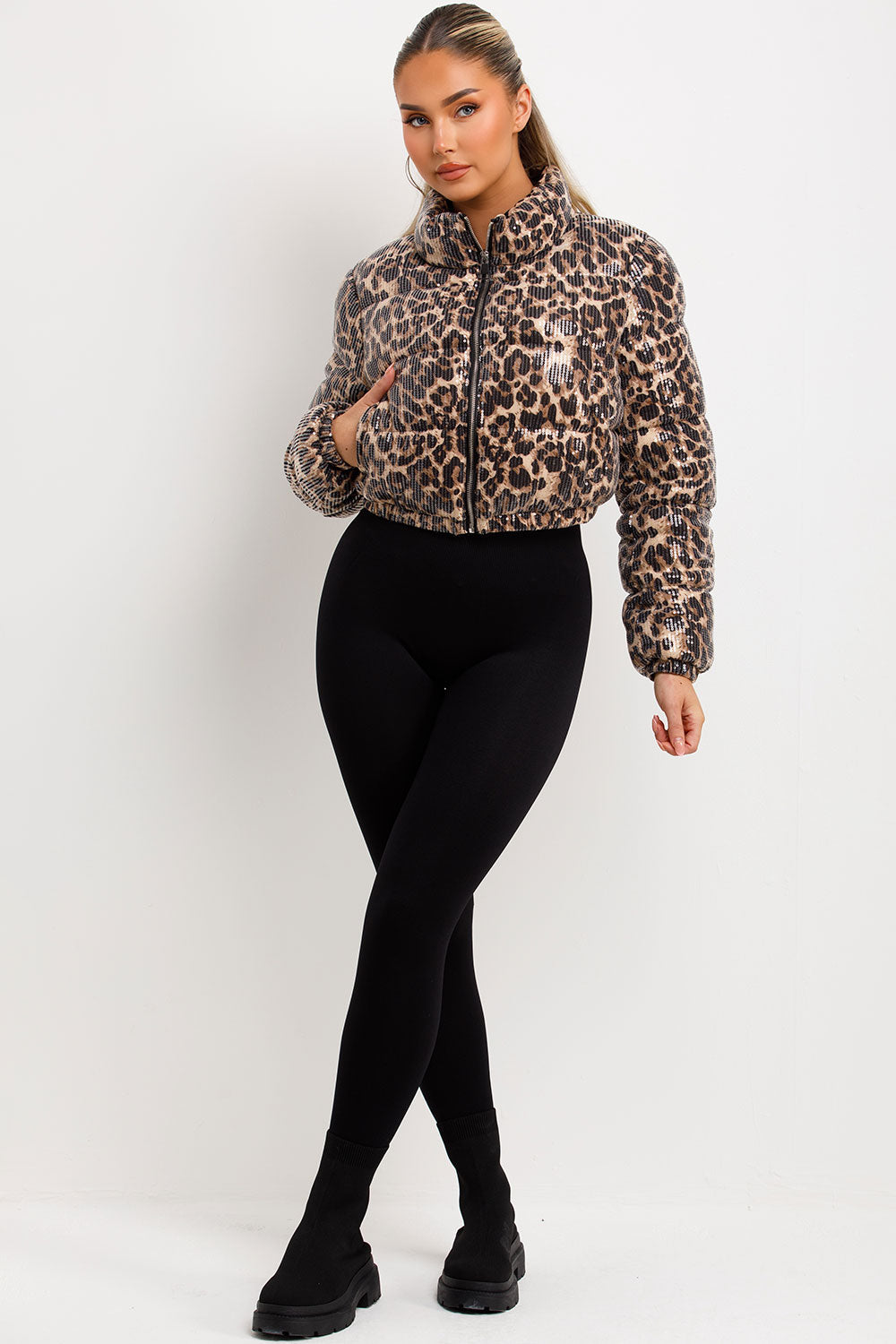 Leopard Print Crop Puffer Jacket Sequin Detail