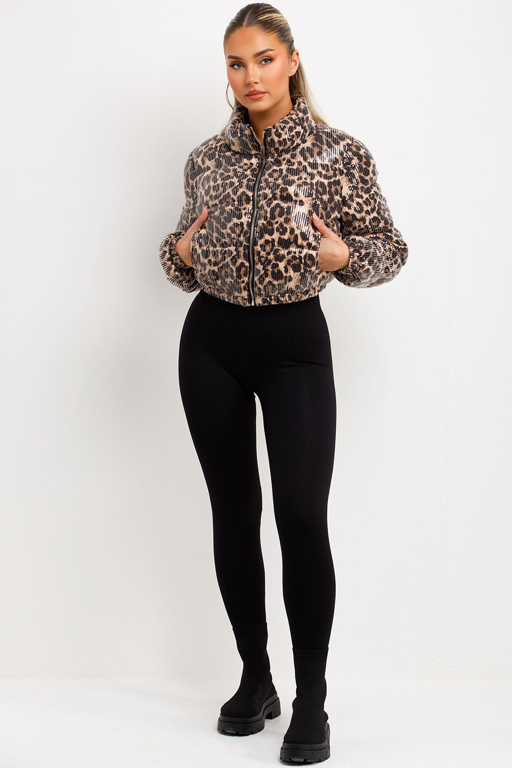 Leopard Print Crop Puffer Jacket Sequin Detail