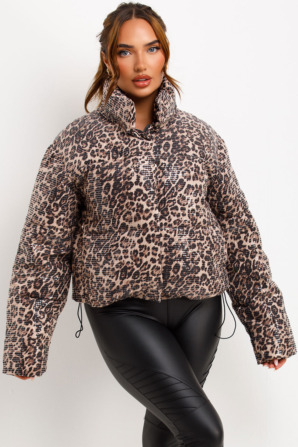 Leopard Print Sequin Puffer Padded Jacket