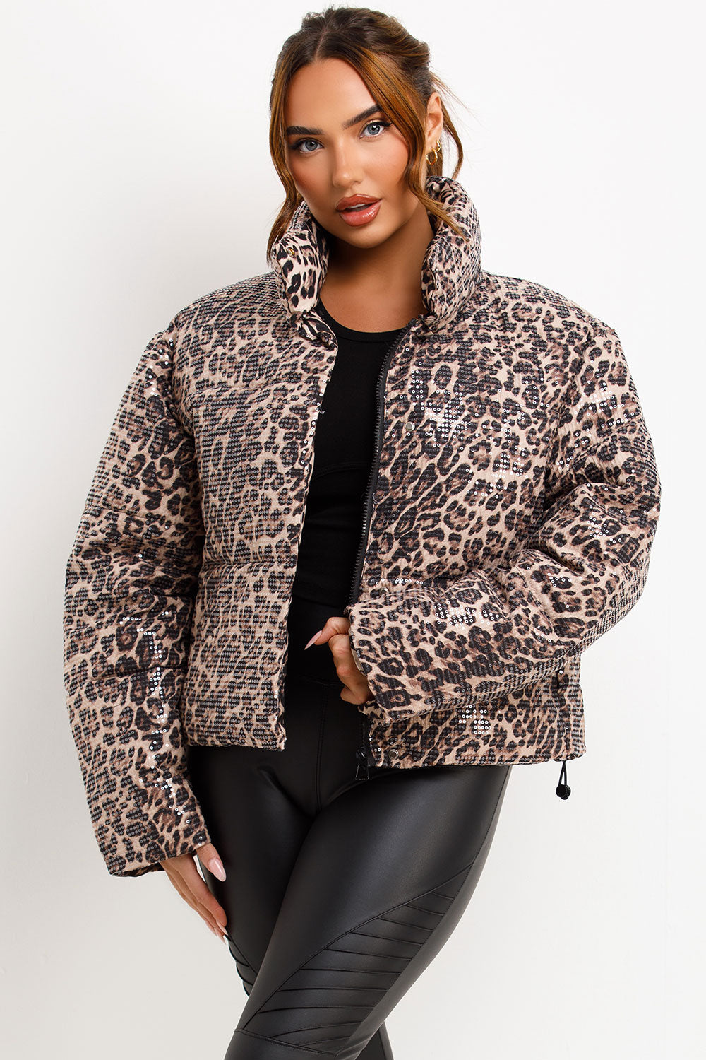 Leopard Print Sequin Puffer Padded Jacket