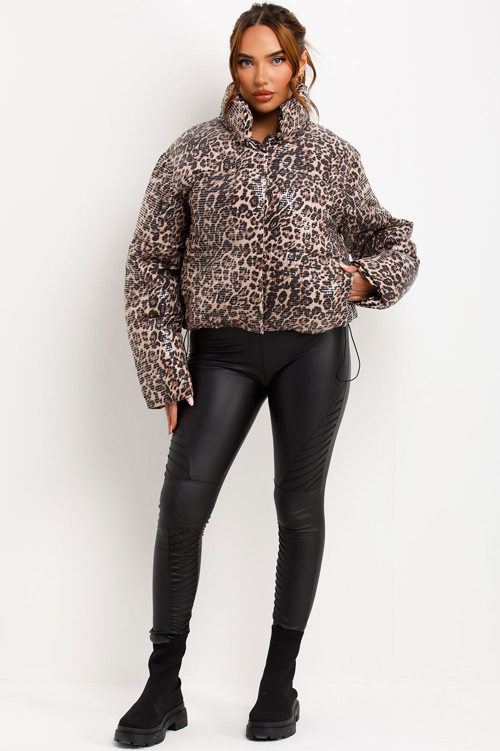 Leopard Print Sequin Puffer Padded Jacket