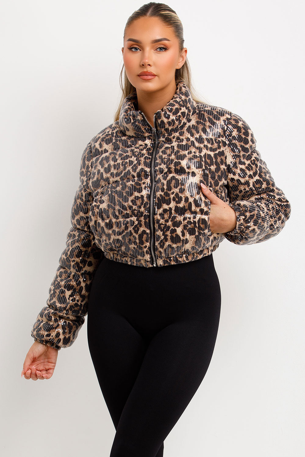 Leopard Print Crop Puffer Jacket Sequin Detail